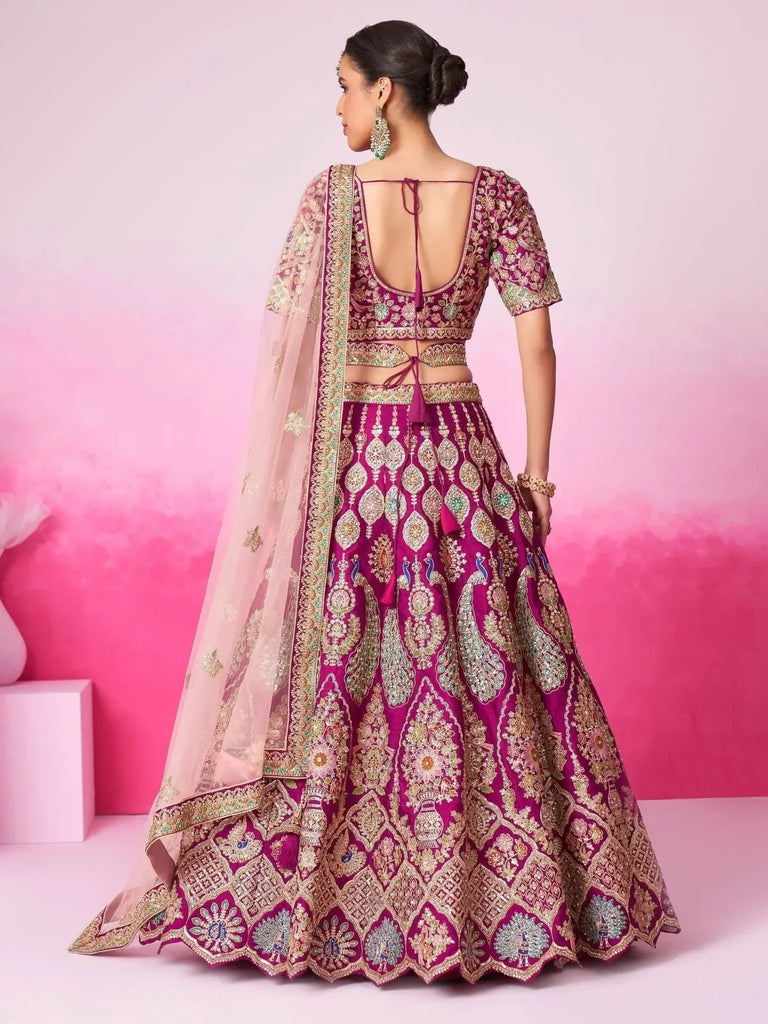 Beautiful Burgundy Thread Embroidered Silk Bridal Lehenga Choli - Ethnic Plus In