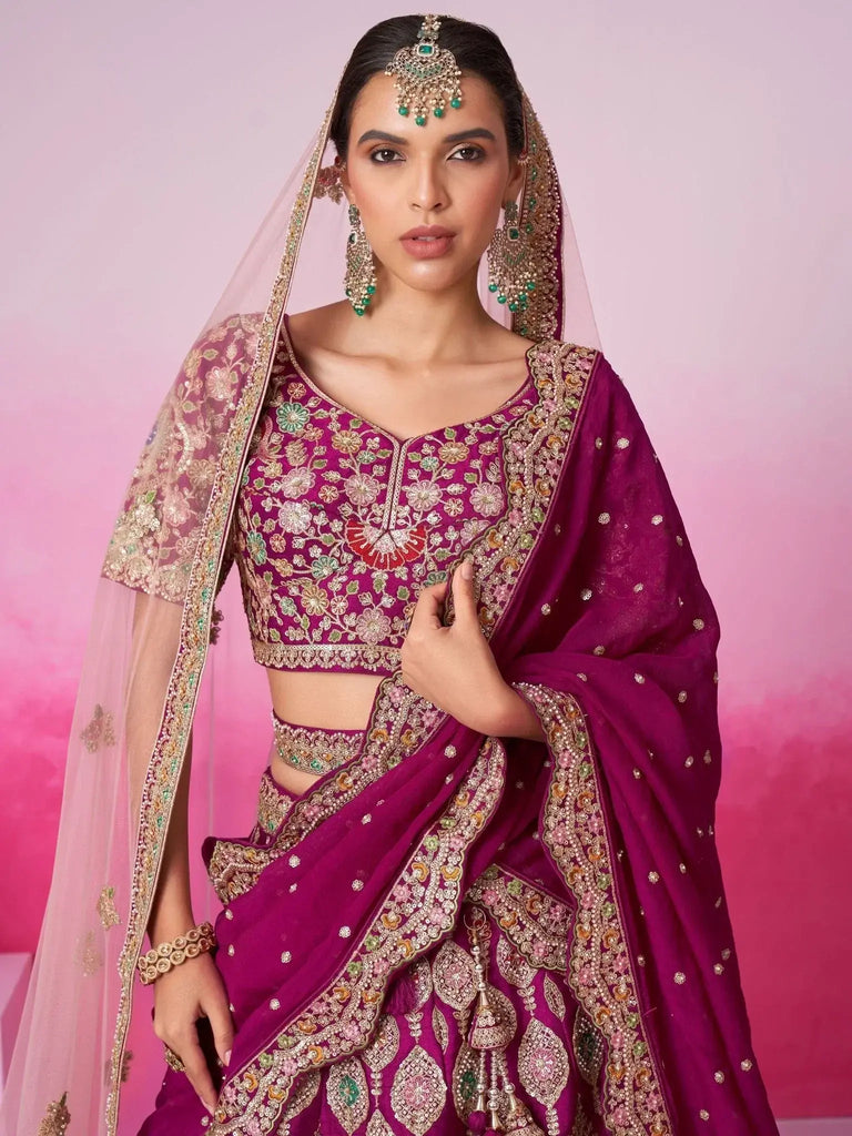 Beautiful Burgundy Thread Embroidered Silk Bridal Lehenga Choli - Ethnic Plus In