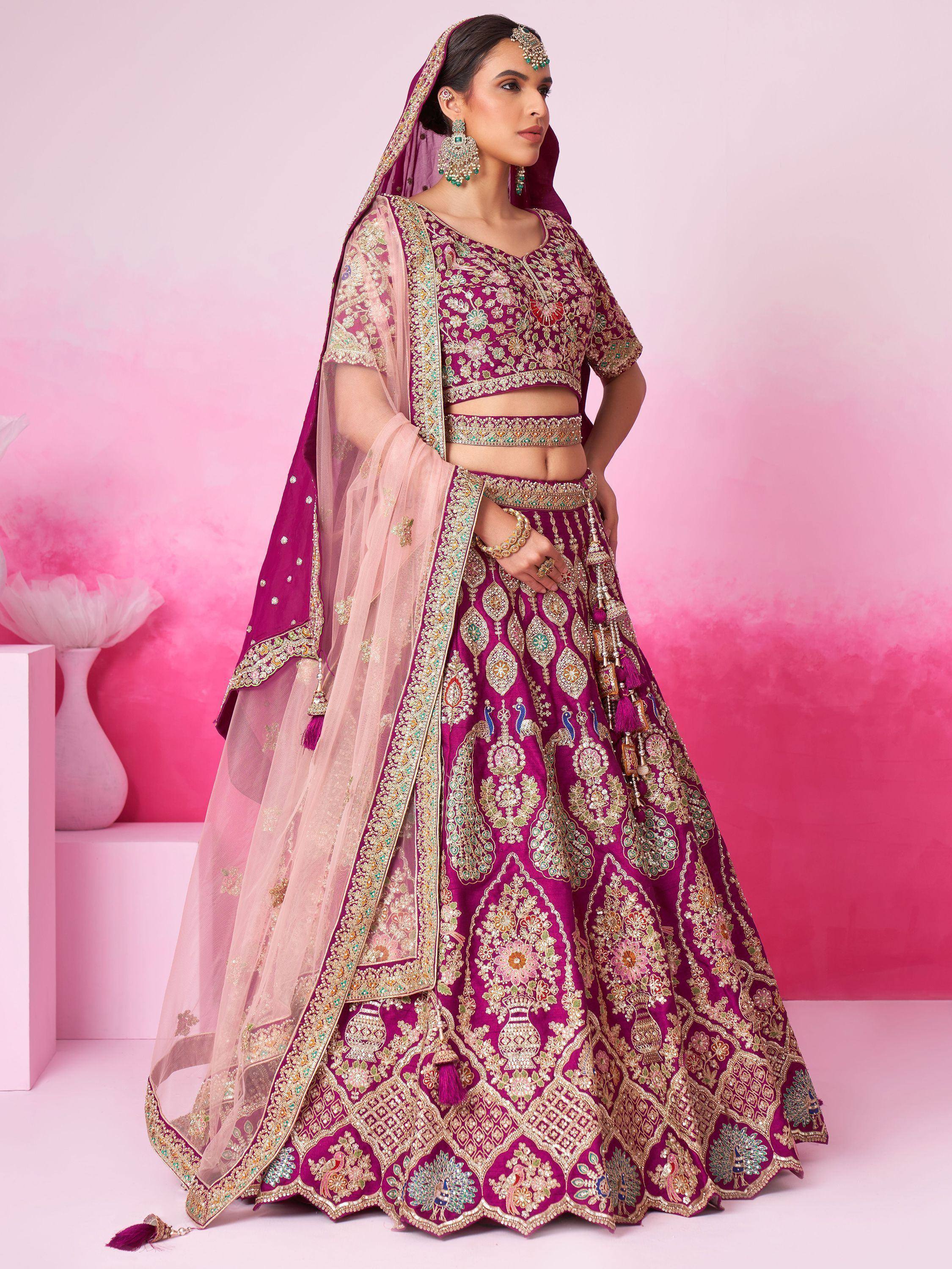 Purple embroidered lehenga choli with peacock motifs and sheer dupatta, Indian ethnic wear