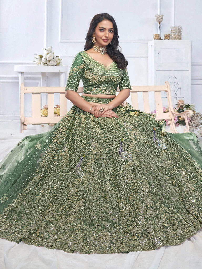 Beautiful Green Embroidered Net Bridesmaid Lehenga Choli With Dupatta - Ethnic Plus In