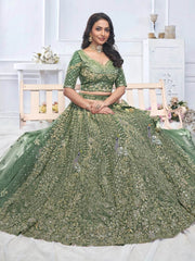 Beautiful Green Embroidered Net Bridesmaid Lehenga Choli With Dupatta - Ethnic Plus In