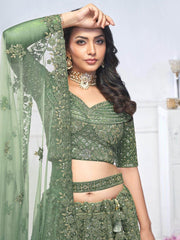 Beautiful Green Embroidered Net Bridesmaid Lehenga Choli With Dupatta - Ethnic Plus In