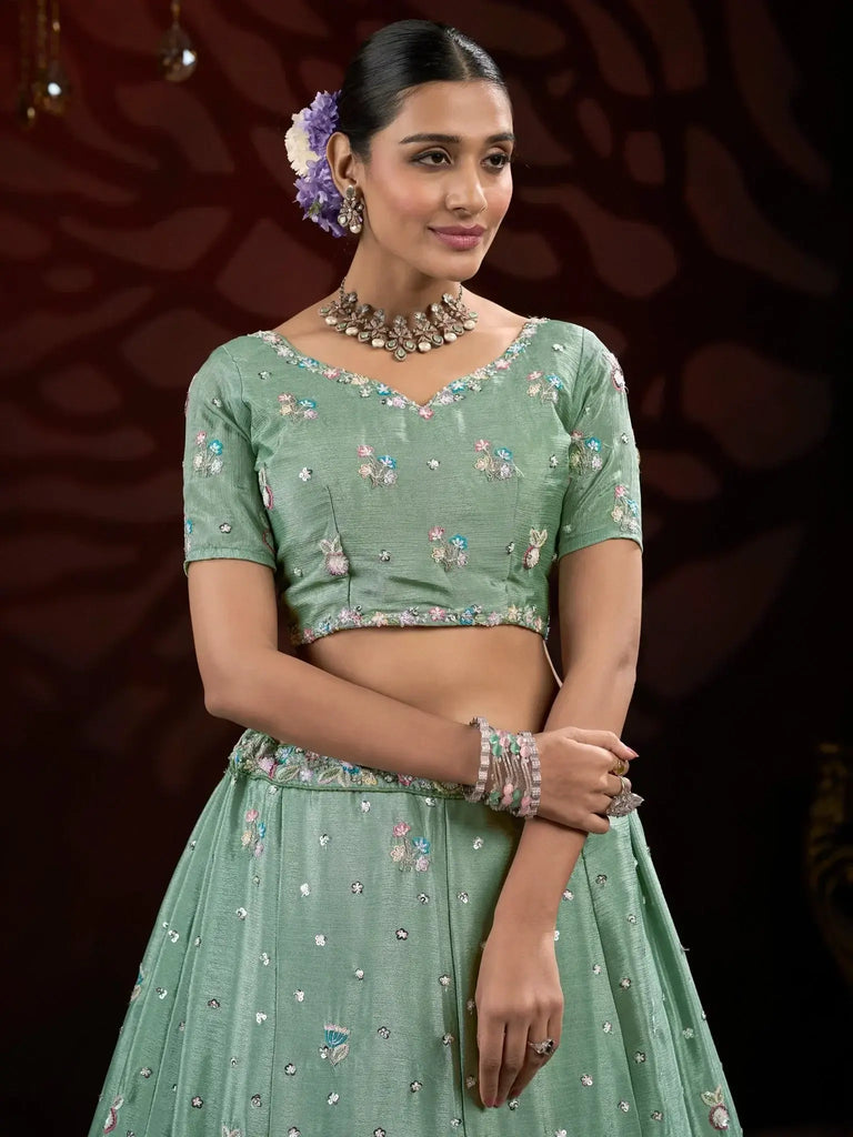 Beautiful Green Embroidered Net Engagement Wear Lehenga Choli - Ethnic Plus In