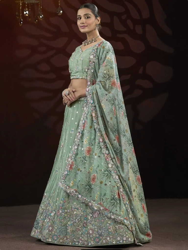 Beautiful Green Embroidered Net Engagement Wear Lehenga Choli - Ethnic Plus In