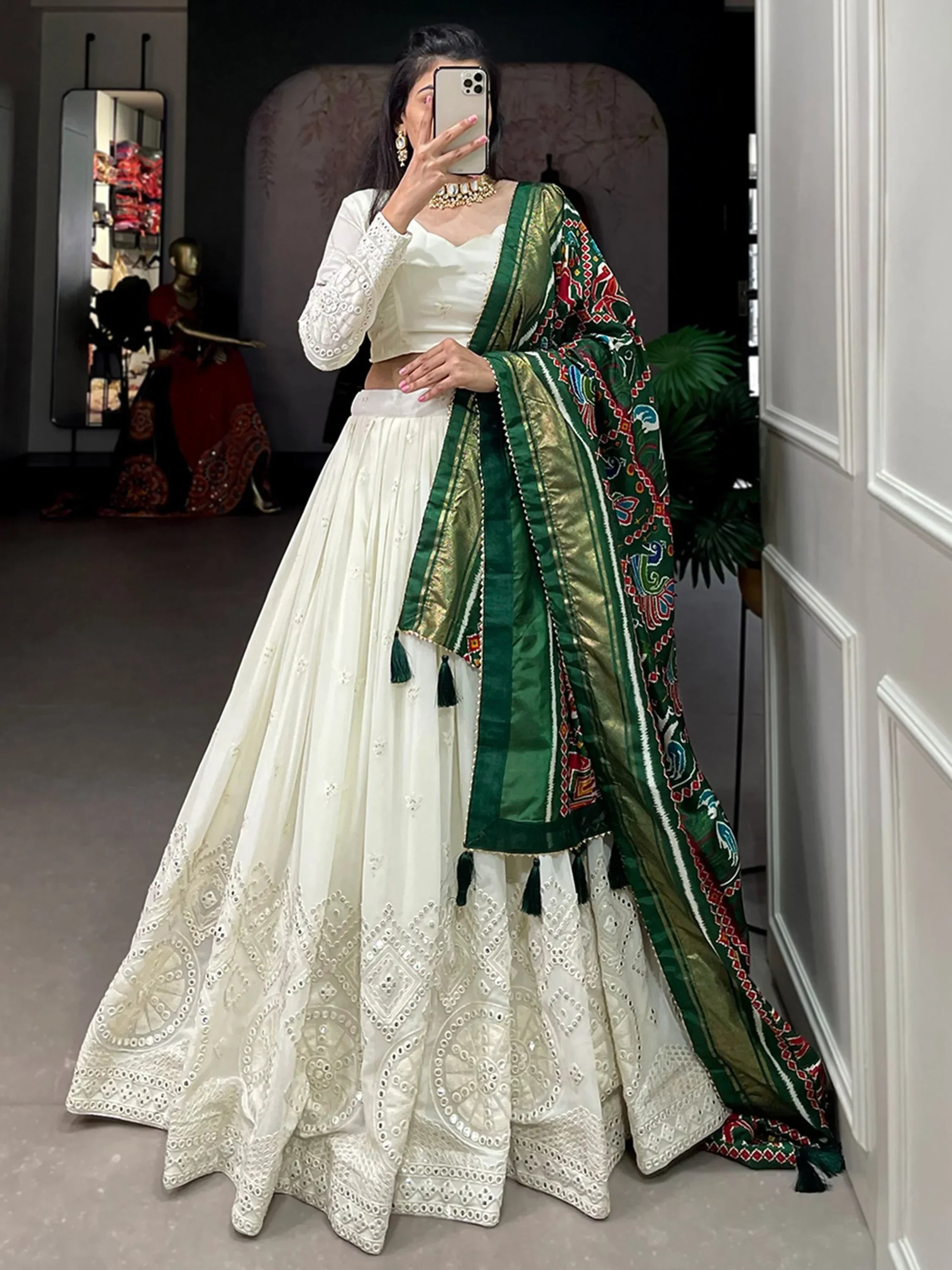Beautiful Green Mirror Work Georgette Festival Wear Lehenga Choli - Ethnic Plus In