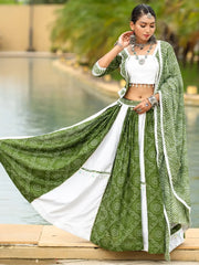 Beautiful Green Printed Cotton Navratri Lehenga Choli With Dupatta - Ethnic Plus In