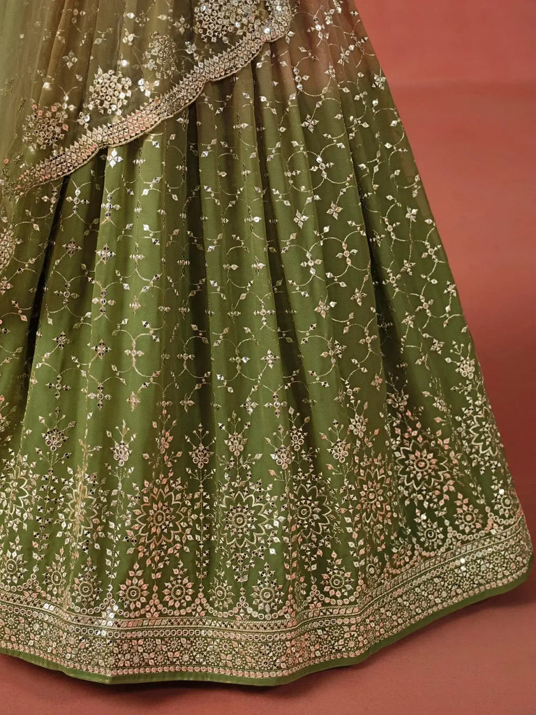 Beautiful Green Sequins Embroidered Mehendi Wear Lehenga Choli - Ethnic Plus In