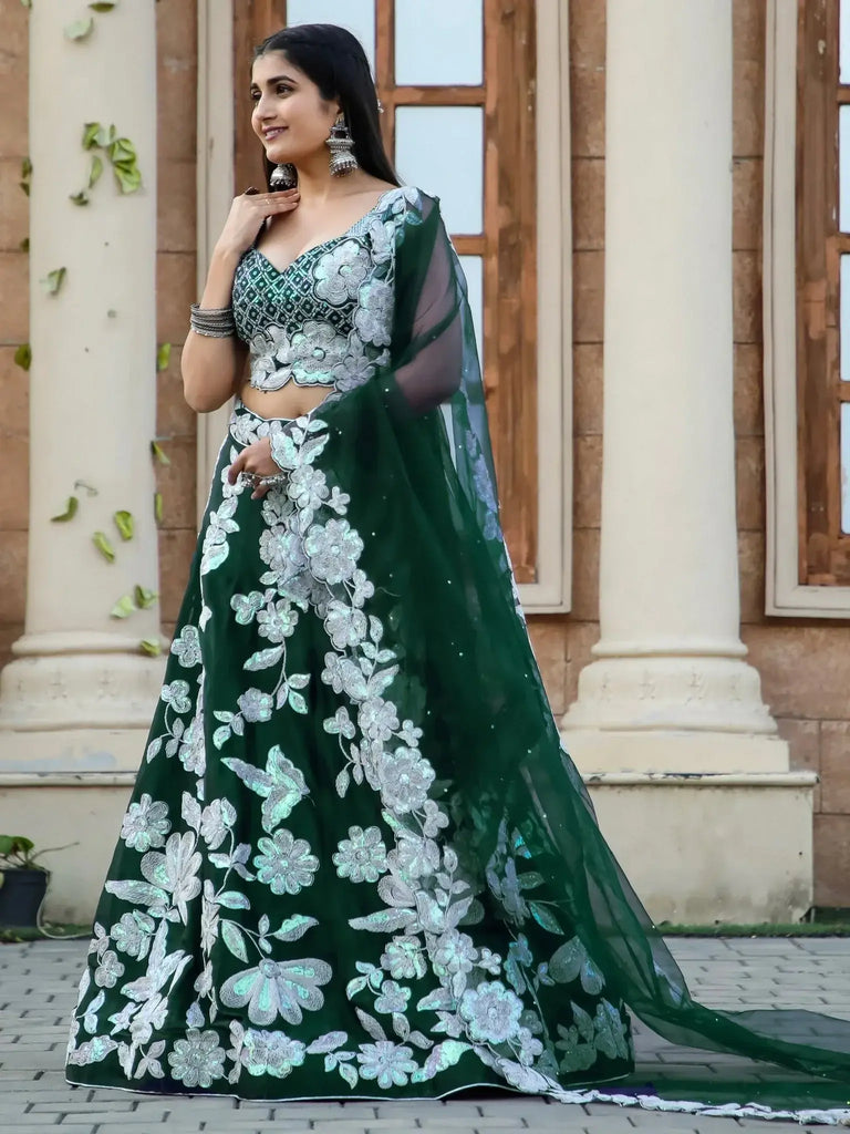 Beautiful Green Sequins Georgette Designer Lehenga Choli With Dupatta - Ethnic Plus In