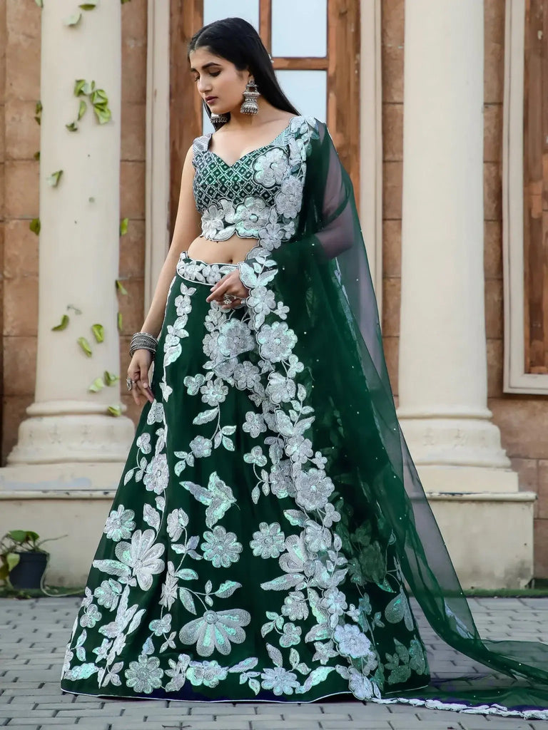 Beautiful Green Sequins Georgette Designer Lehenga Choli With Dupatta - Ethnic Plus In