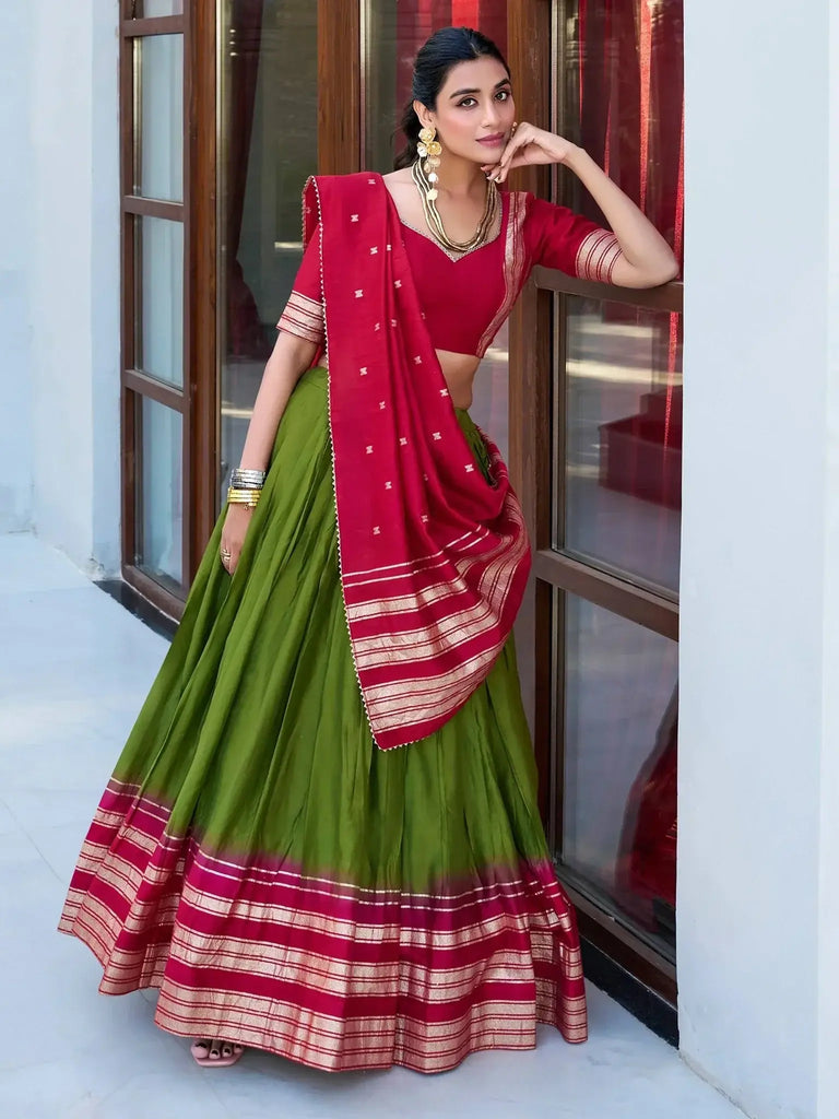 Beautiful Green Zari Weaving Chanderi Silk Mehendi Wear Lehenga Choli - Ethnic Plus In