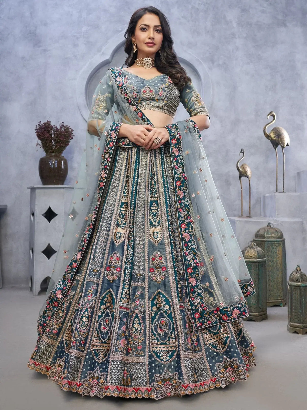 Beautiful Grey Sequins Organza Bridesmaid Lehenga Choli With Blouse - Ethnic Plus In