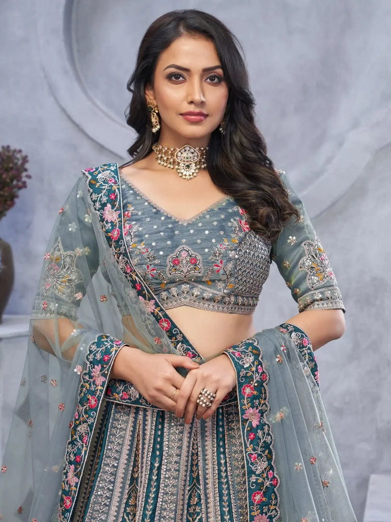 Beautiful Grey Sequins Organza Bridesmaid Lehenga Choli With Blouse - Ethnic Plus In