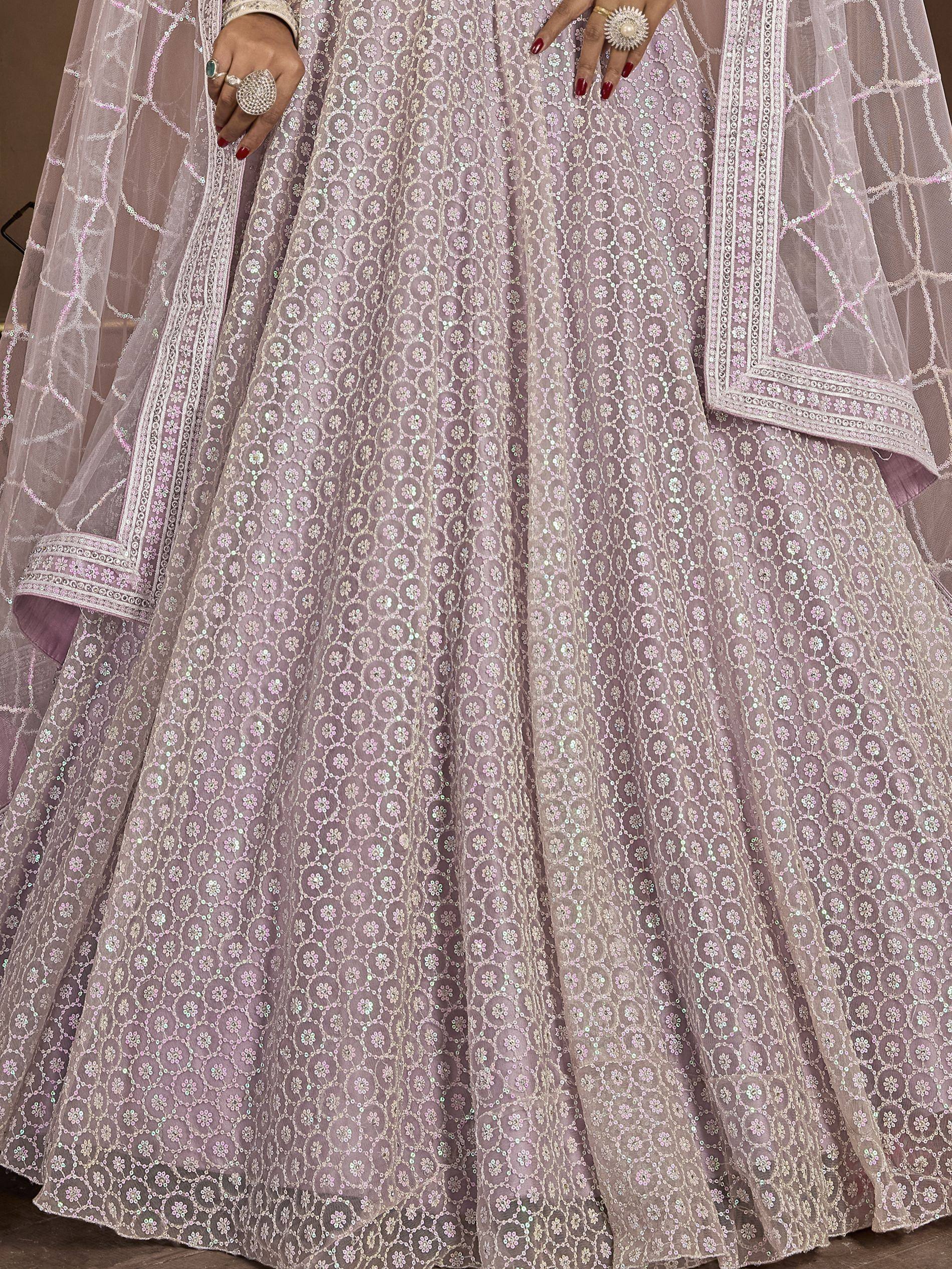 Lavender designer lehenga with floral sequin embroidery and sheer dupatta, perfect for Indian ethnic wear.