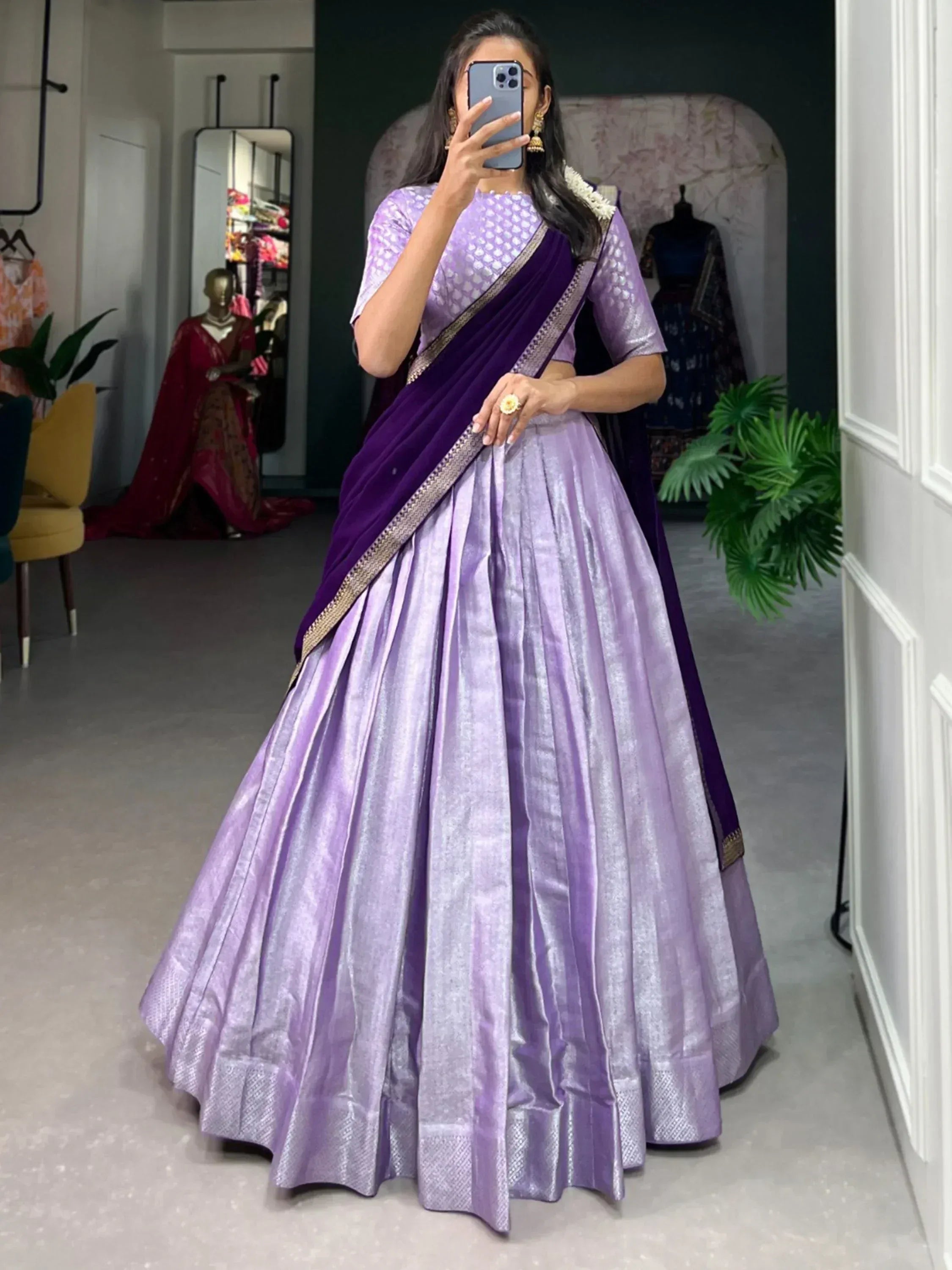 Lavender lehenga choli with purple velvet dupatta, ethnic Indian wear for weddings and parties