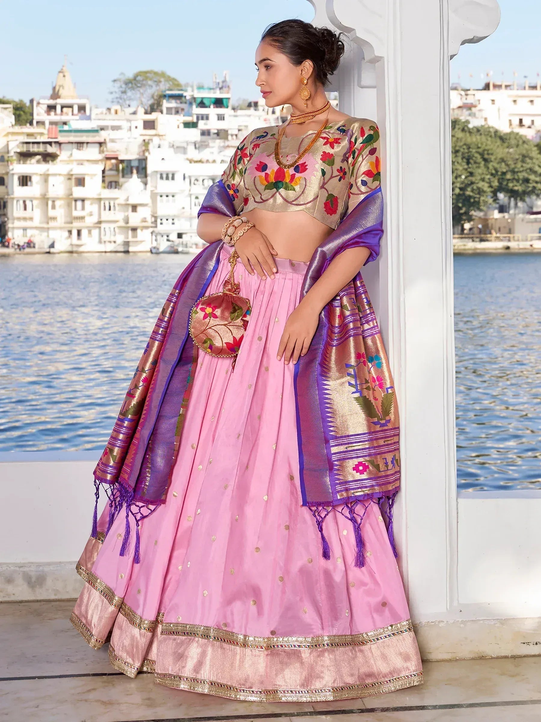 Pink embroidered lehenga choli with floral blouse and purple dupatta, perfect for Indian ethnic occasions