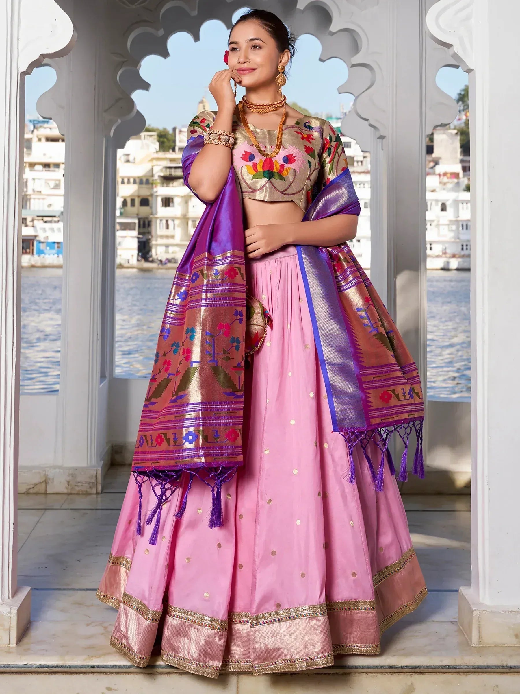 Pink embroidered lehenga choli with purple dupatta, Indian ethnic wear for women