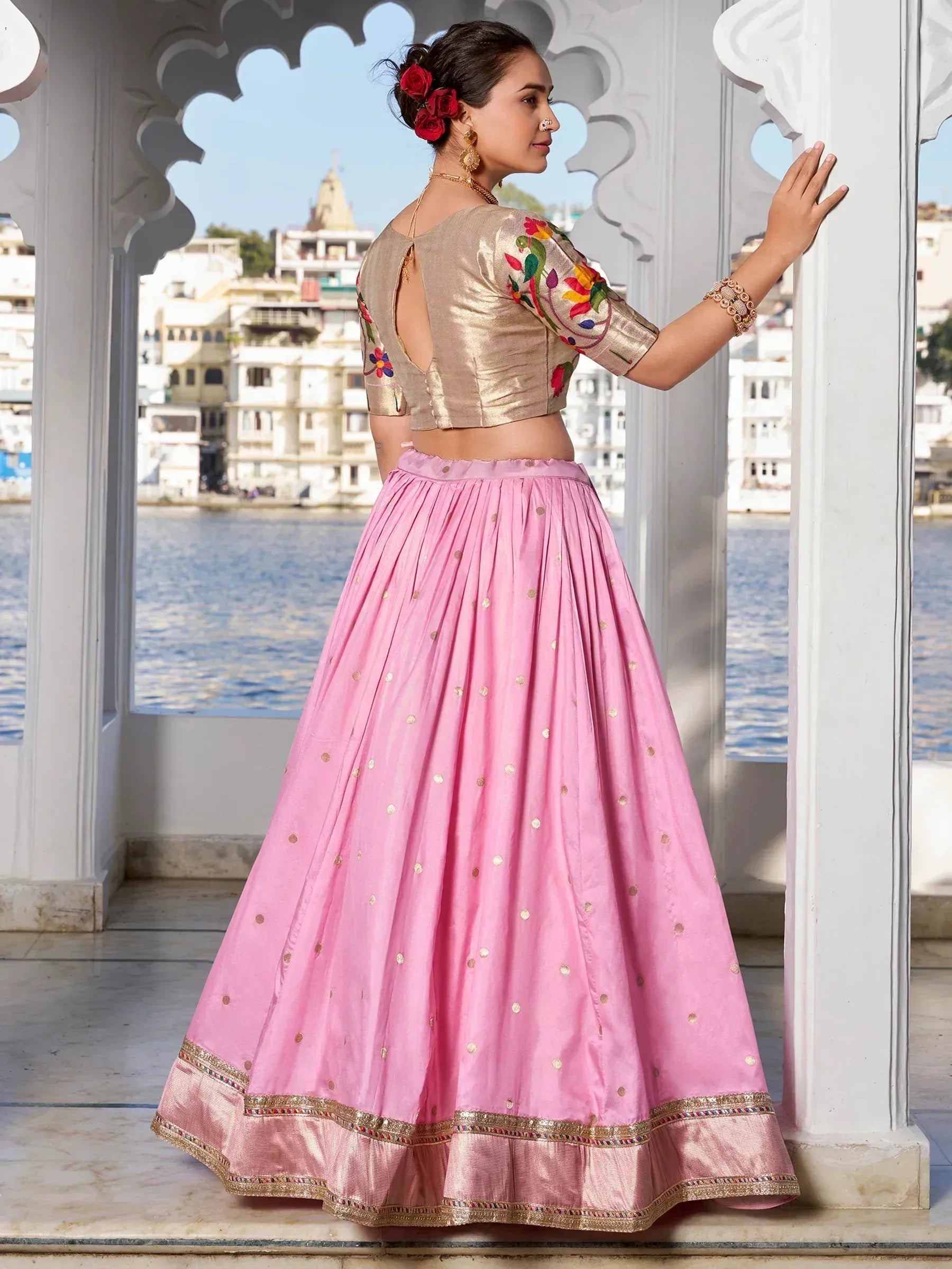 Pink lehenga with gold polka dots and floral embroidered blouse, Indian ethnic wear