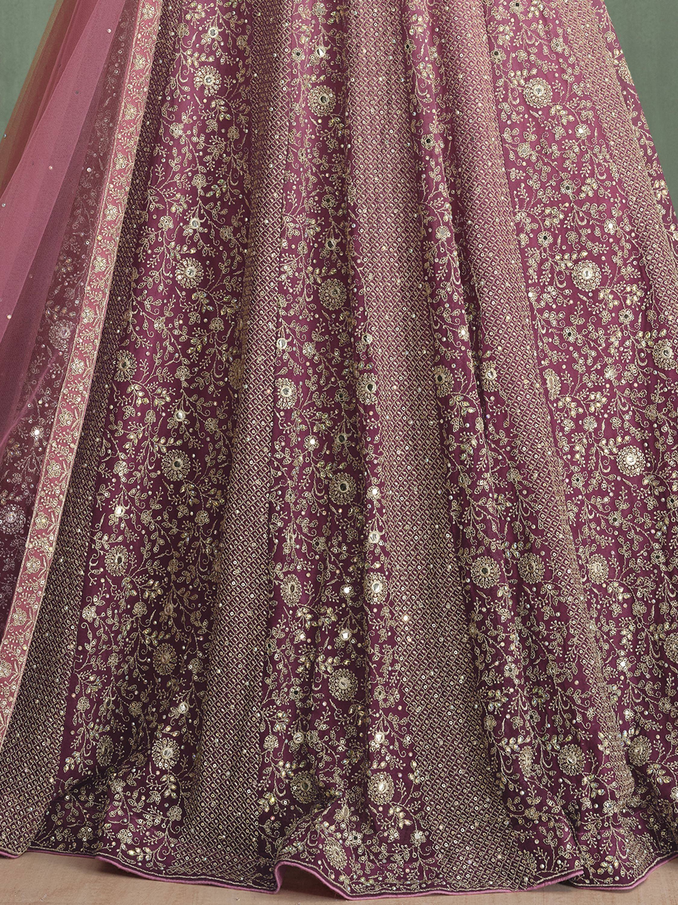 Burgundy lehenga with gold floral embroidery and mirror work, Indian ethnic wear