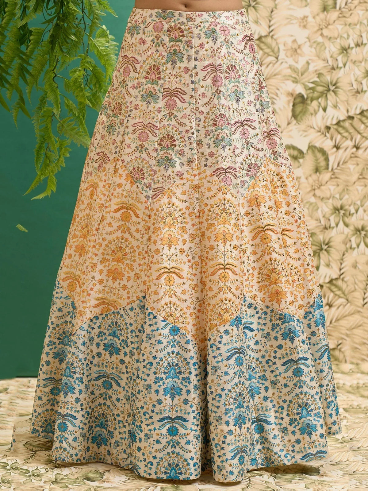 Floral printed Indian lehenga skirt with pastel and blue patterns, ethnic wear for women