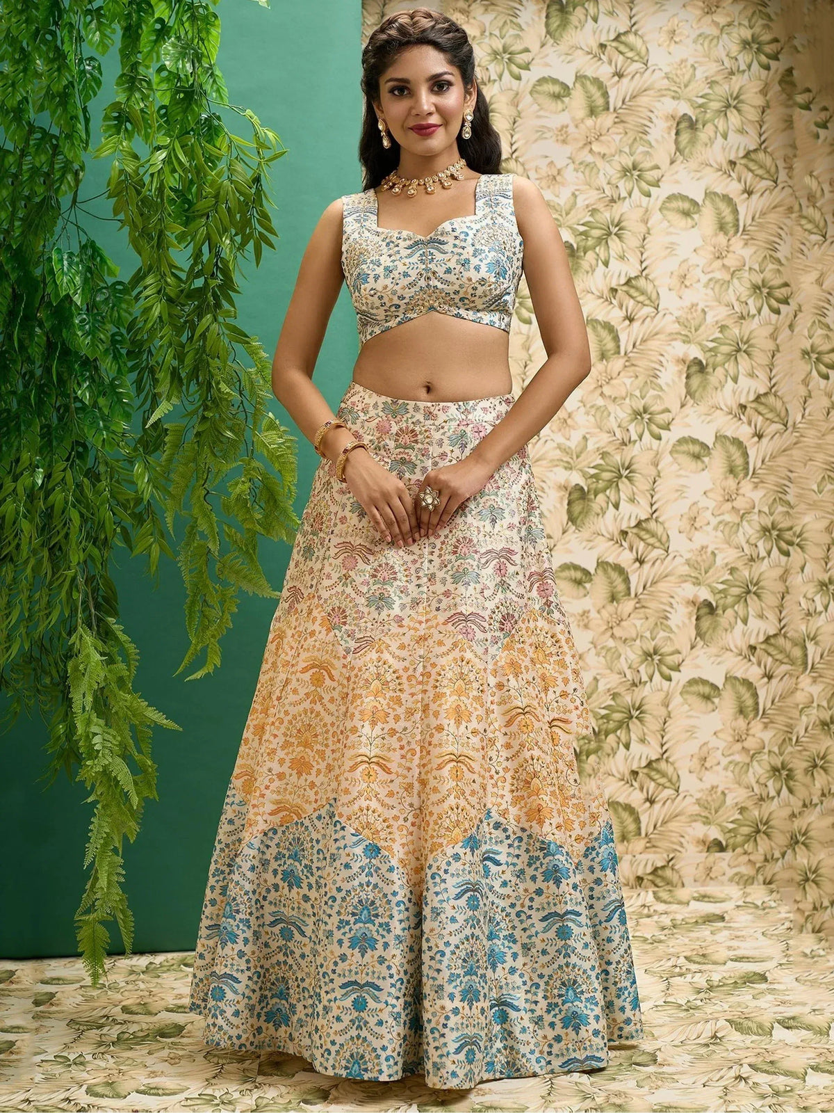 Floral print lehenga choli with blue and gold accents, perfect for Indian ethnic wear occasions