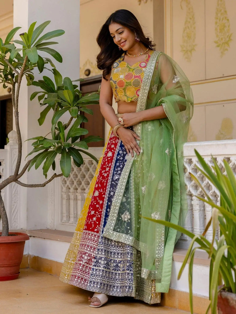 Beautiful Multi Color Georgette Sequins Sangeet Wear Lehenga Choli - Ethnic Plus In