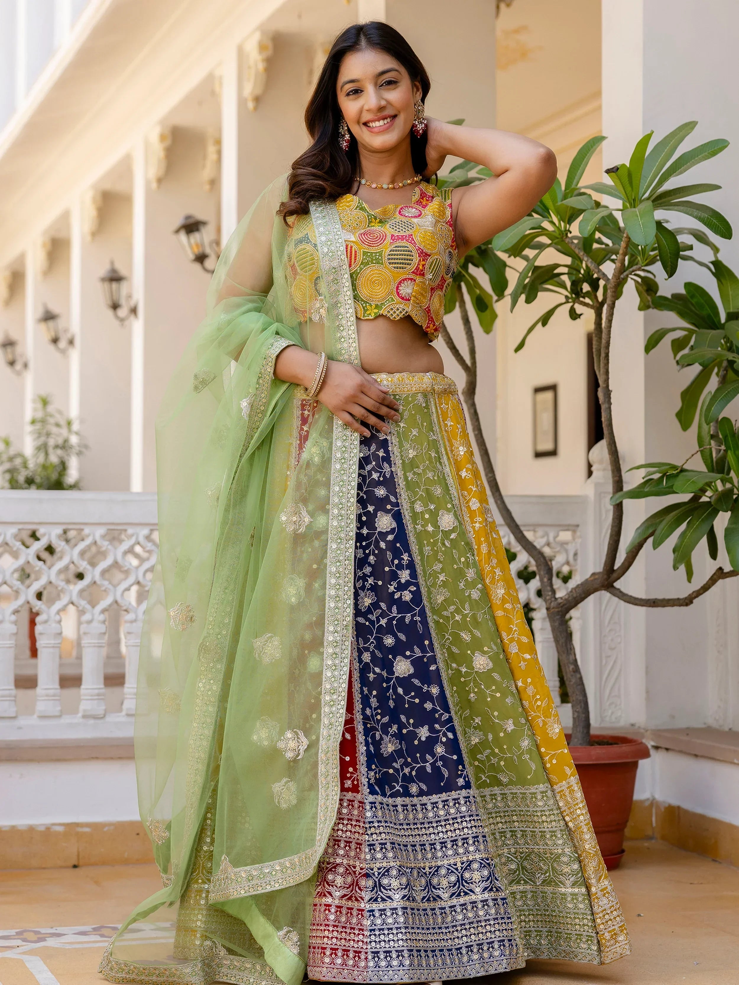 Beautiful Multi Color Georgette Sequins Sangeet Wear Lehenga Choli - Ethnic Plus In