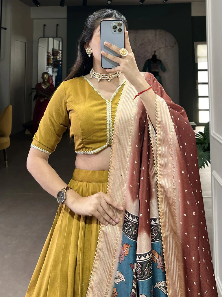 Mustard yellow lehenga choli with embroidered dupatta, ethnic Indian wear for women