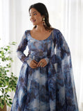 Beautiful Navy Blue Organza Digital Printed Anarkali Suit - Ethnic Plus In