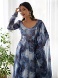 Beautiful Navy Blue Organza Digital Printed Anarkali Suit - Ethnic Plus In
