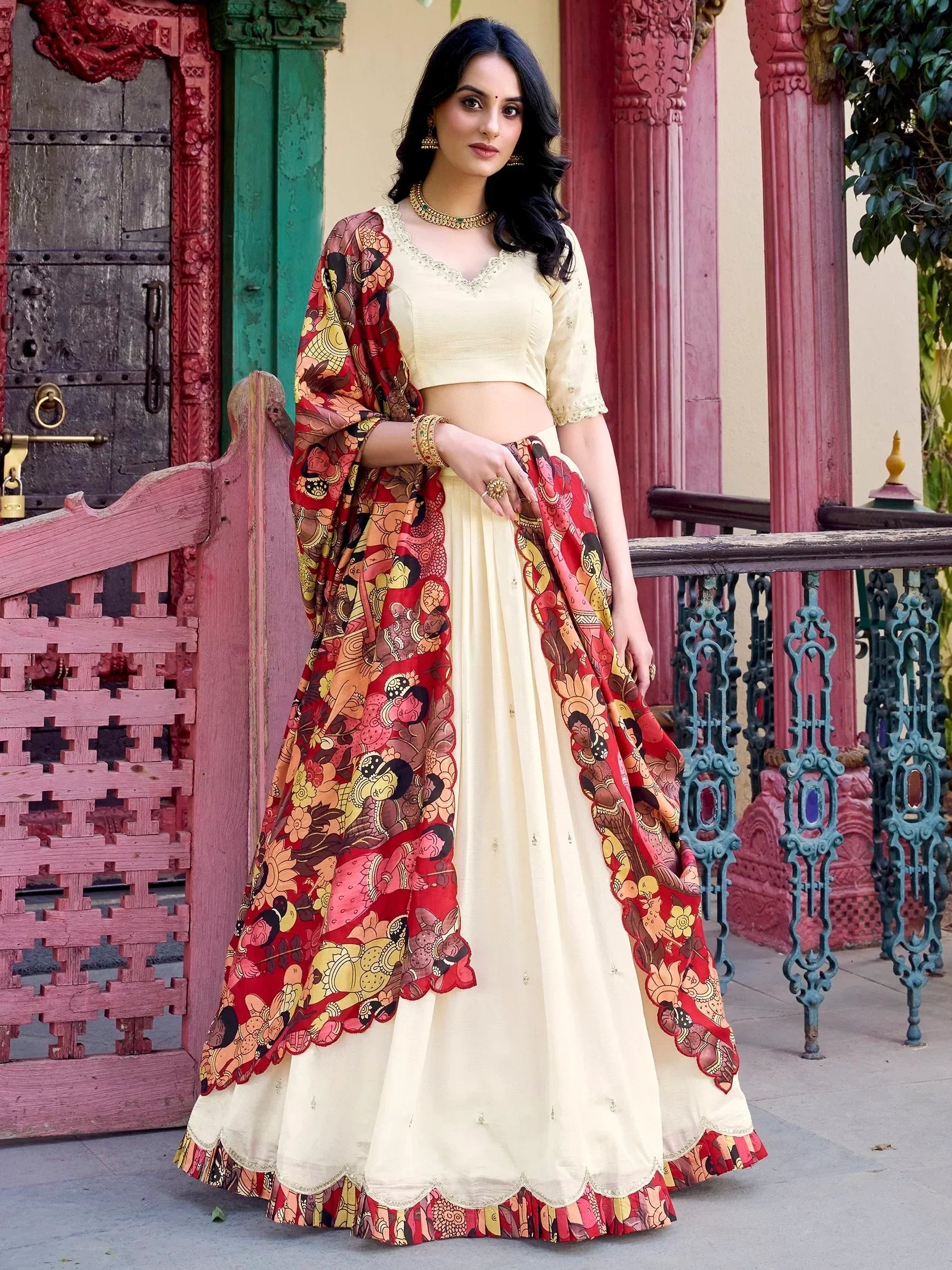 Cream lehenga choli with red printed dupatta, ethnic Indian wear for women