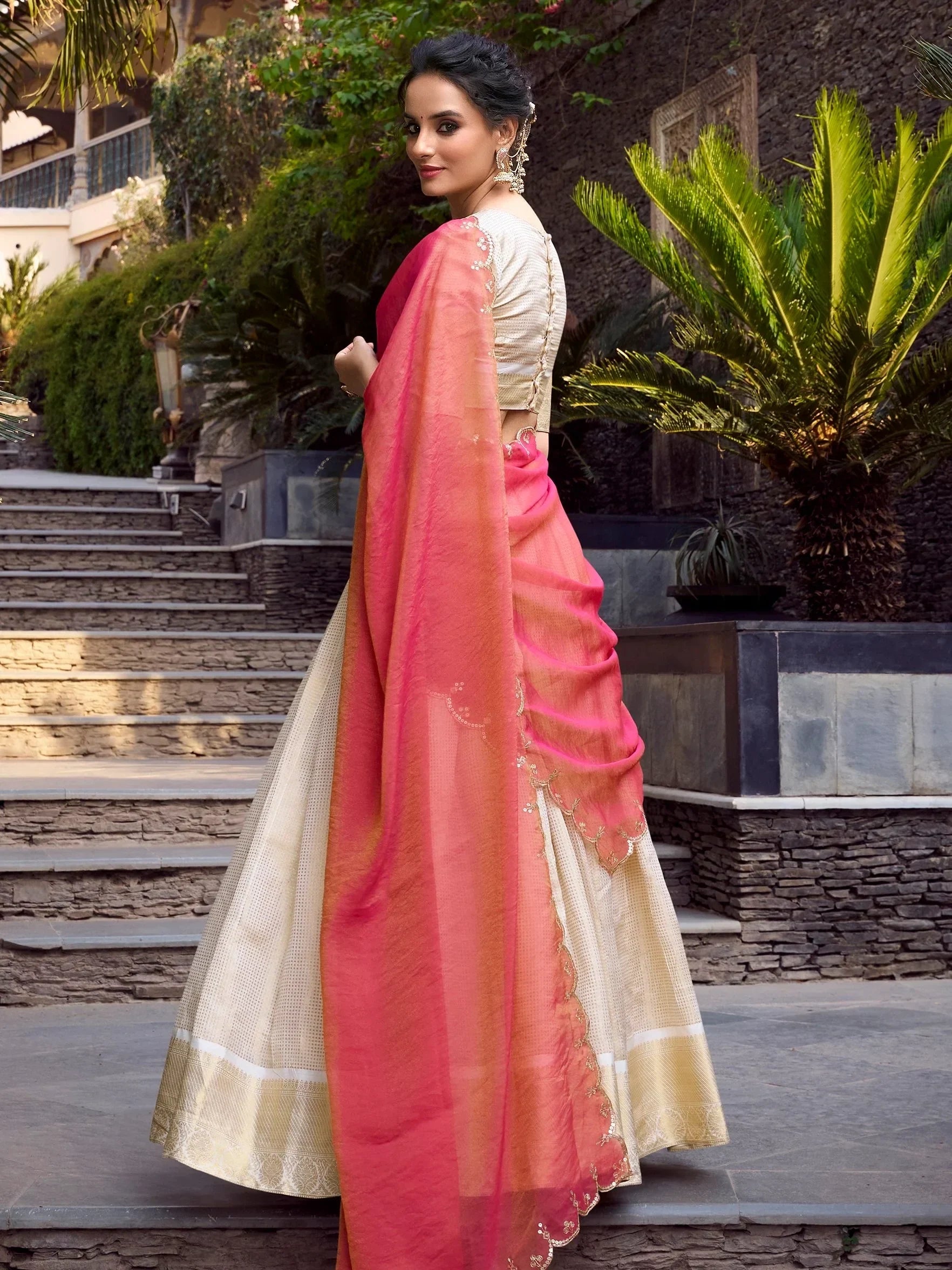 Beautiful Off - White Zari Weaving Jacquard Traditional Lehenga Choli - Ethnic Plus In