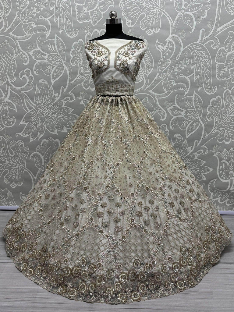 Beautiful Off - White Zircon Work Net Designer Lehenga Choli With Dupatta - Ethnic Plus In