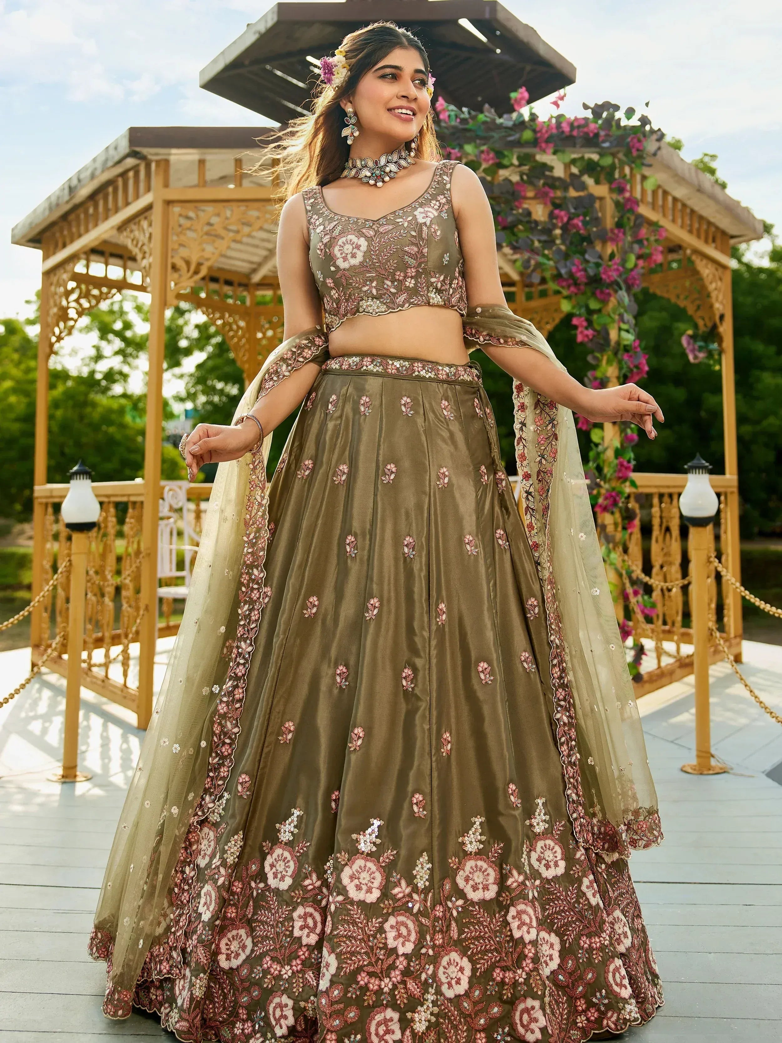 Olive green floral embroidered lehenga choli with dupatta, perfect for Indian weddings and festive occasions.