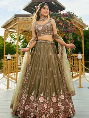 Beautiful Olive Green Embroidered Sequins Mehendi Wear Lehenga Choli - Ethnic Plus In
