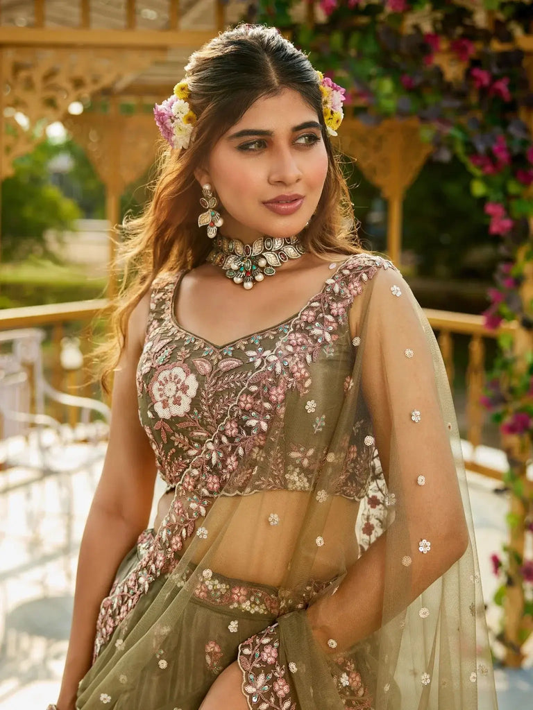 Beautiful Olive Green Embroidered Sequins Mehendi Wear Lehenga Choli - Ethnic Plus In