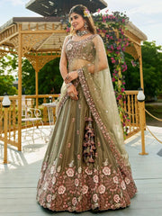 Beautiful Olive Green Embroidered Sequins Mehendi Wear Lehenga Choli - Ethnic Plus In