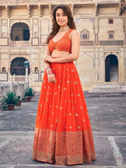 Beautiful Orange Sequins Georgette Lehenga Choli With Dupatta - Ethnic Plus In