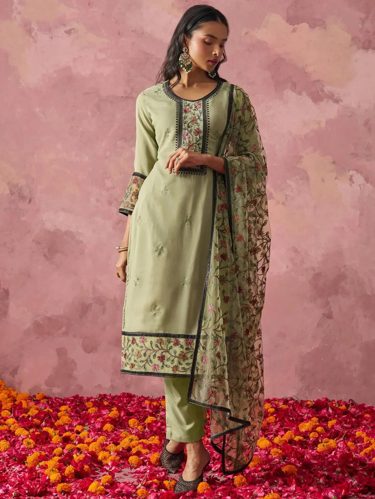 Beautiful Pastel Green Georgette Thread Embroidered Straight Suit - Ethnic Plus In