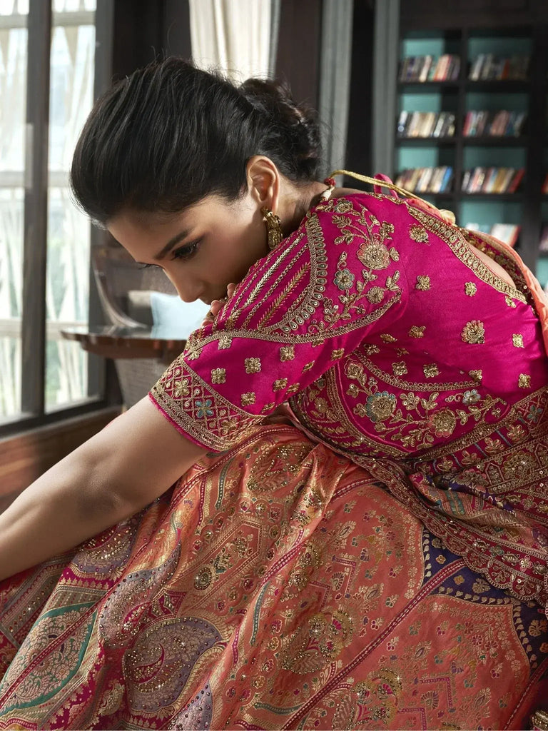Beautiful Peach Embroidered Silk Bridal Lehenga Choli With Dupatta - Ethnic Plus In