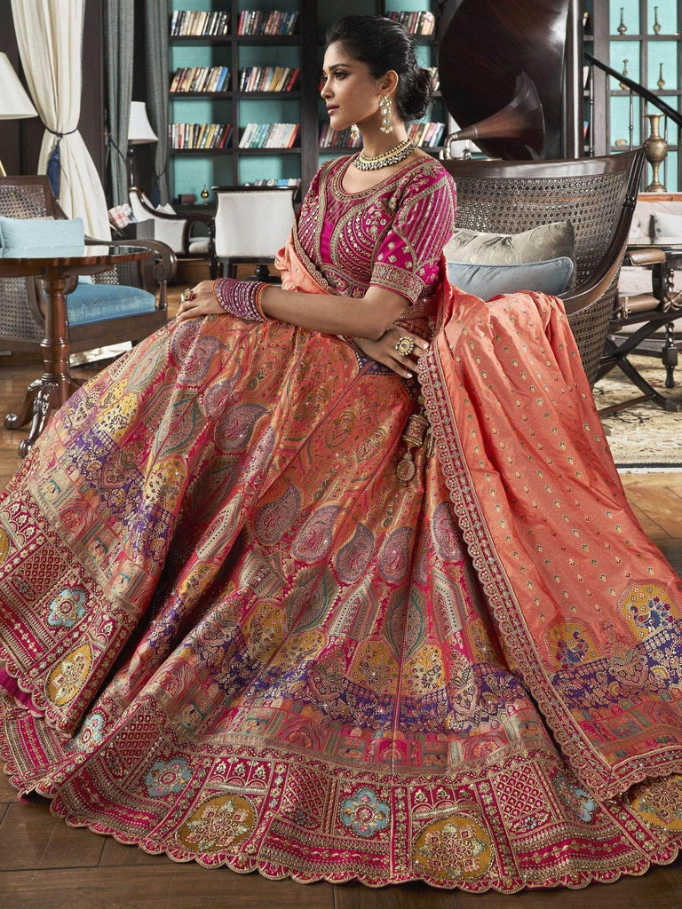 Beautiful Peach Embroidered Silk Bridal Lehenga Choli With Dupatta - Ethnic Plus In