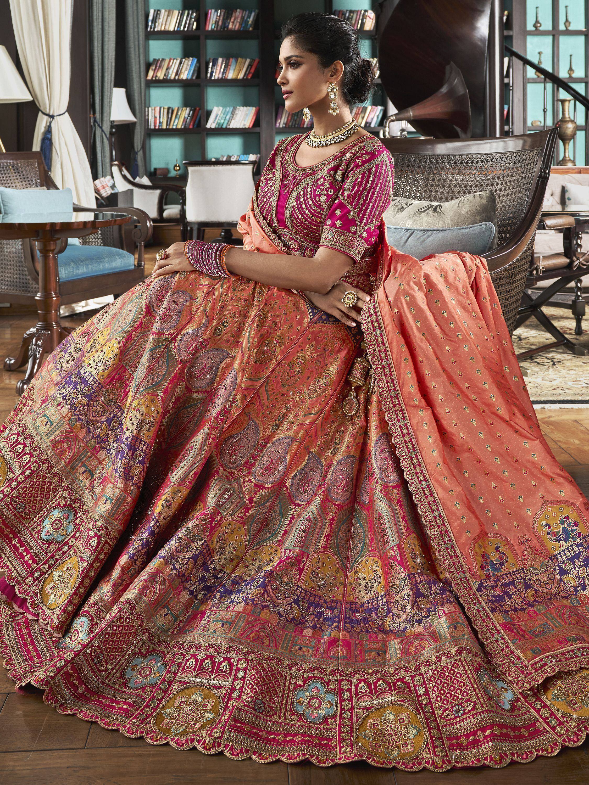 Elegant Indian lehenga choli with intricate paisley embroidery, perfect for weddings and festive occasions.