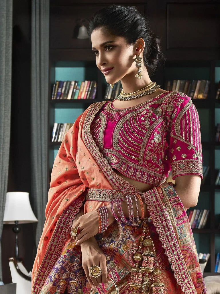 Beautiful Peach Embroidered Silk Bridal Lehenga Choli With Dupatta - Ethnic Plus In