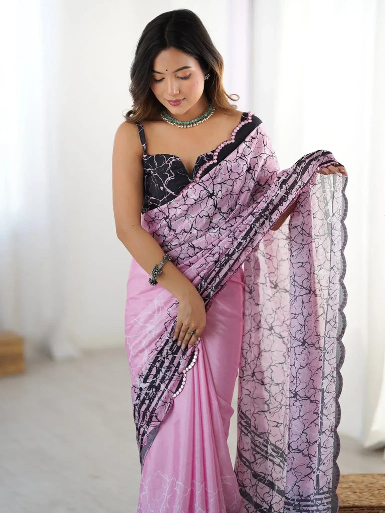 Beautiful Pink Chinon Digital Printed Saree With Blouse - Ethnic Plus In