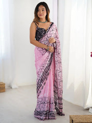 Beautiful Pink Chinon Digital Printed Saree With Blouse - Ethnic Plus In