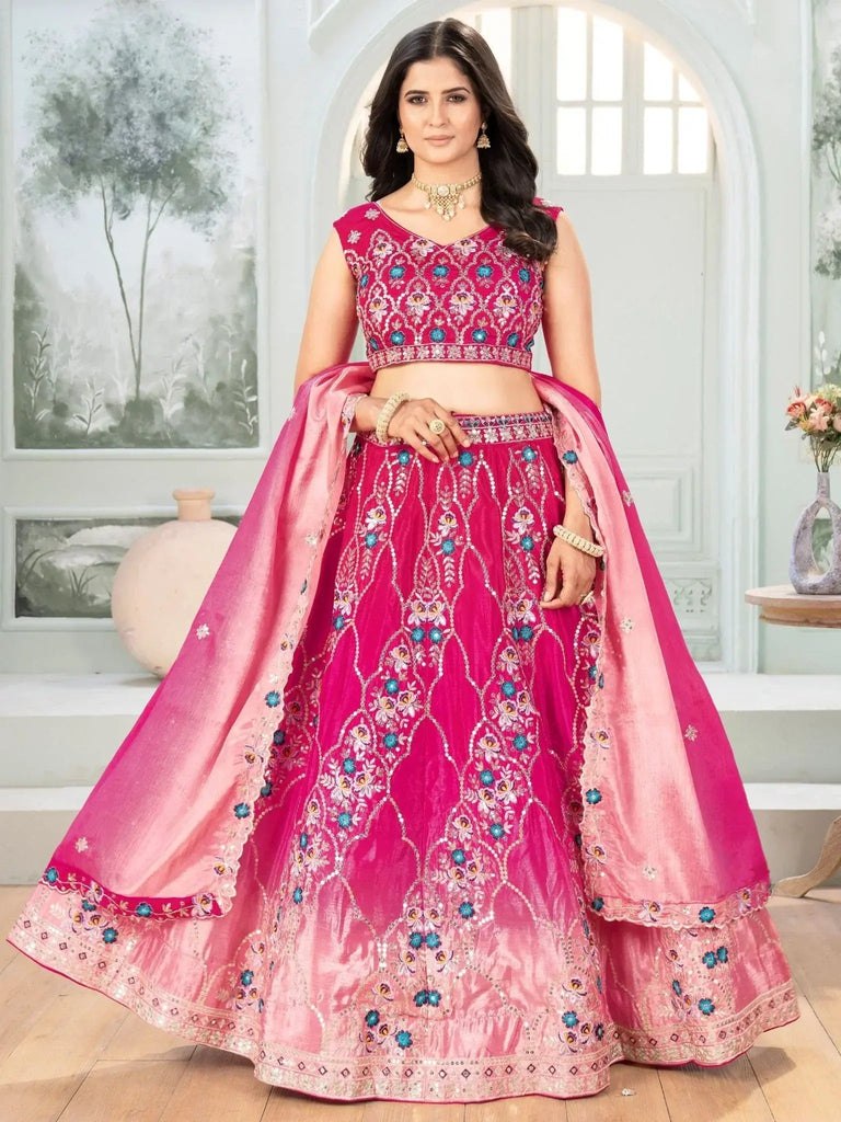 Beautiful Pink Chinon Sequins Embroidered Lehenga Choli With Dupatta - Ethnic Plus In