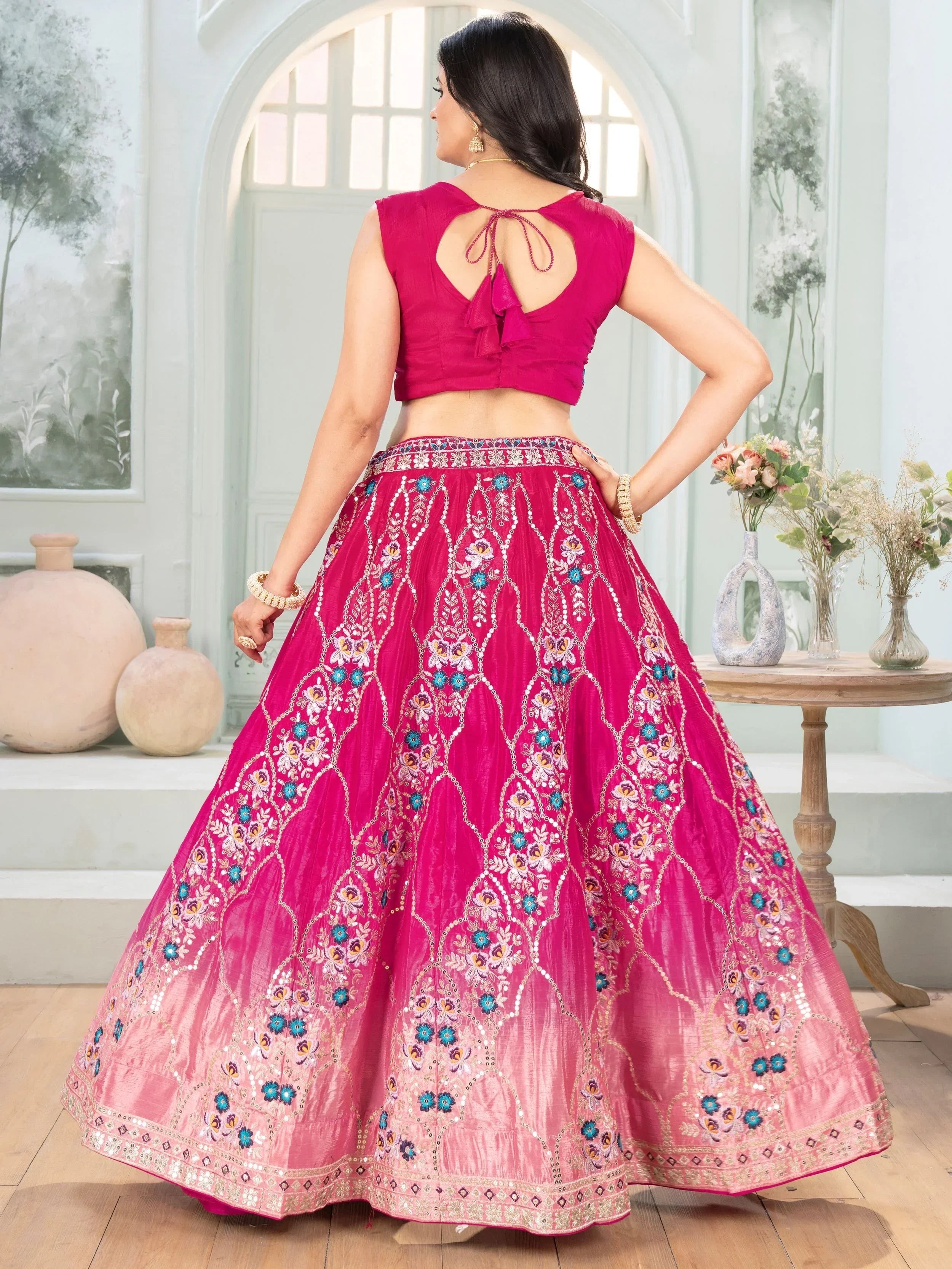 Beautiful Pink Chinon Sequins Embroidered Lehenga Choli With Dupatta - Ethnic Plus In