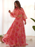 Beautiful Pink Floral Print Organza Party Wear Lehenga With Blouse - Ethnic Plus In