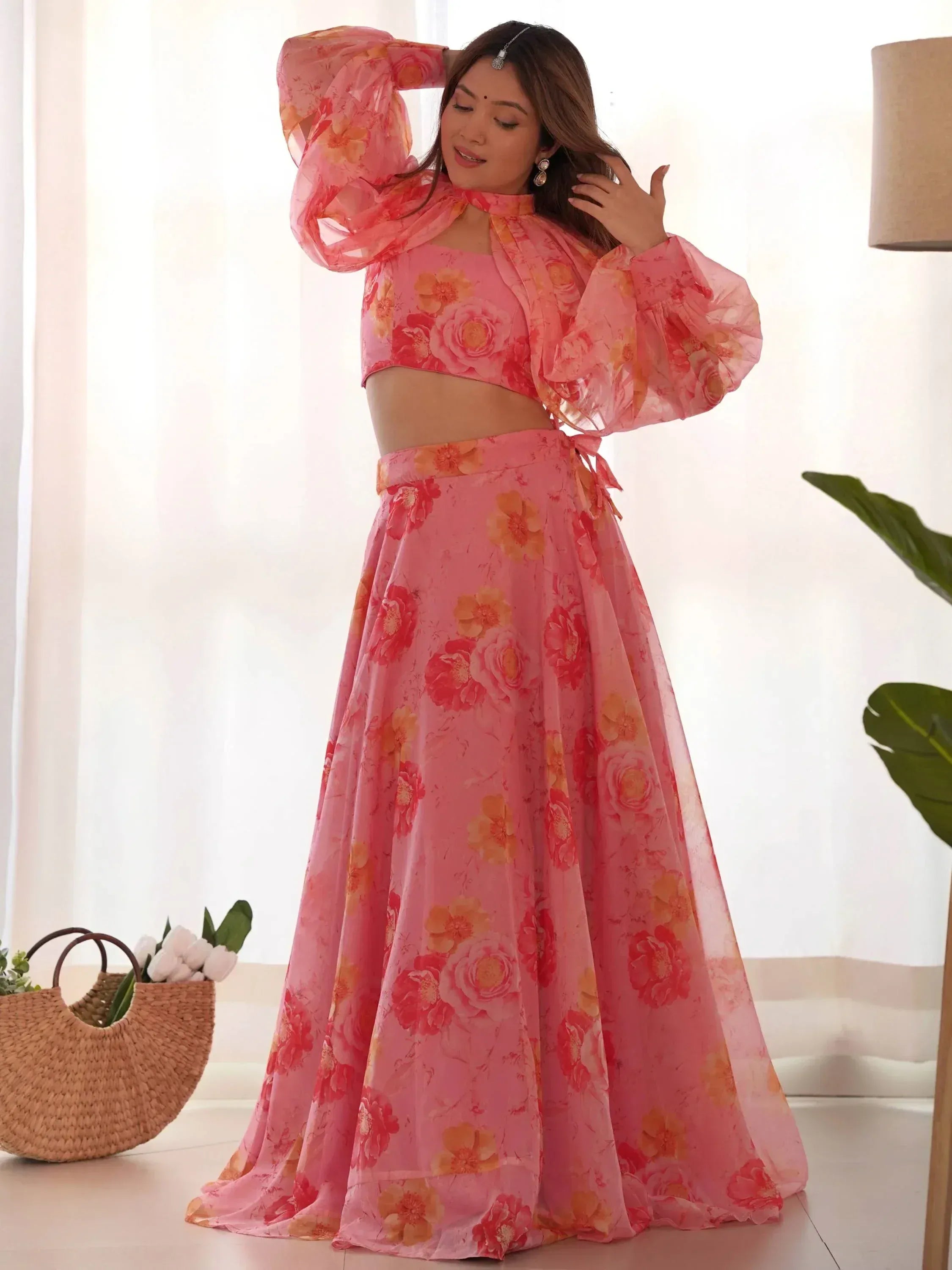 Pink floral lehenga choli with puff sleeves, perfect for Indian ethnic wear and festive occasions.