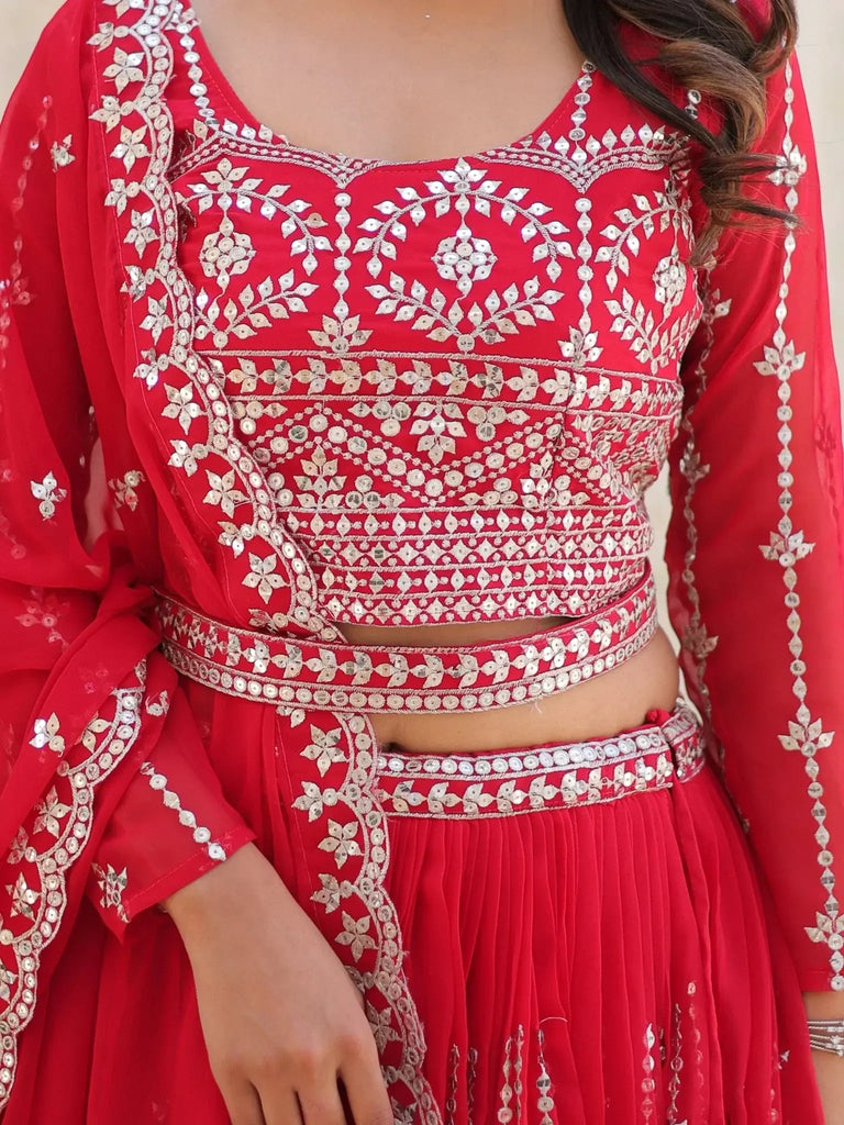 Beautiful Pink Thread Embroidered Georgette Wedding Lehenga Choli - Ethnic Plus In