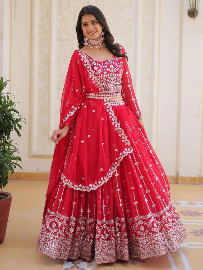 Beautiful Pink Thread Embroidered Georgette Wedding Lehenga Choli - Ethnic Plus In
